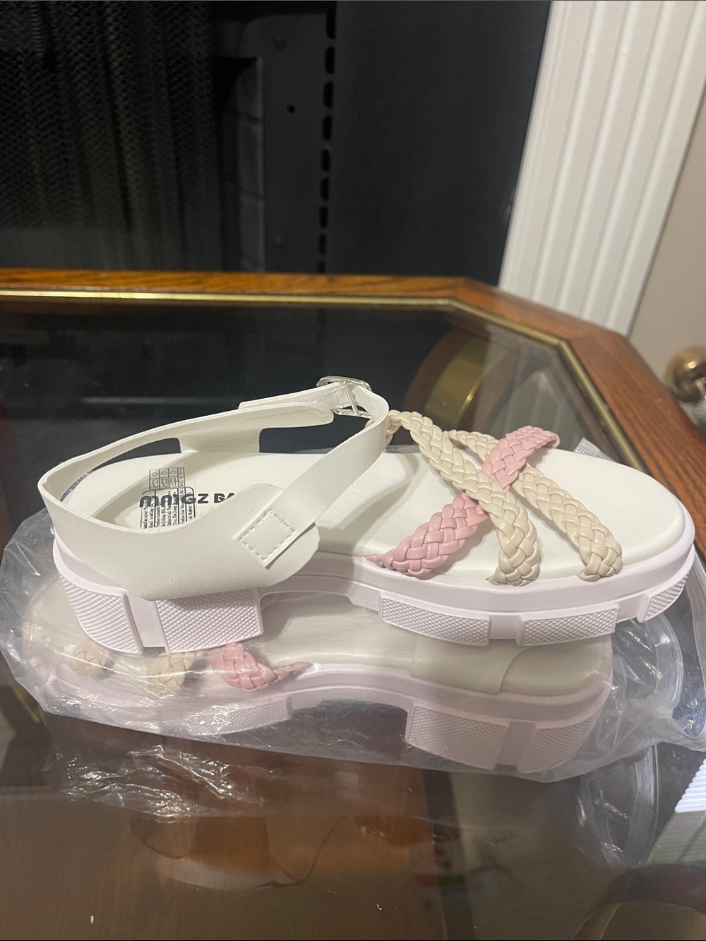 White Platform Sandals with Pink & Beige Braided Straps
